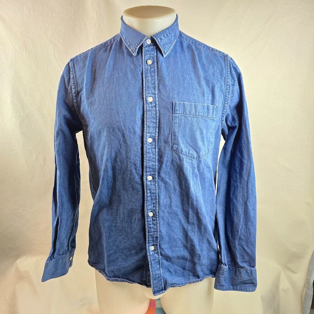 H&M Shirt Mens Medium Blue Denim Button Up Casual Cotton Western Look Dark Wash